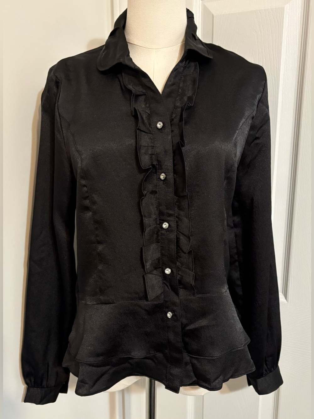 ENOCH, Black Ruffle Front Satiny Peplum Blouse with Rhinestone Buttons